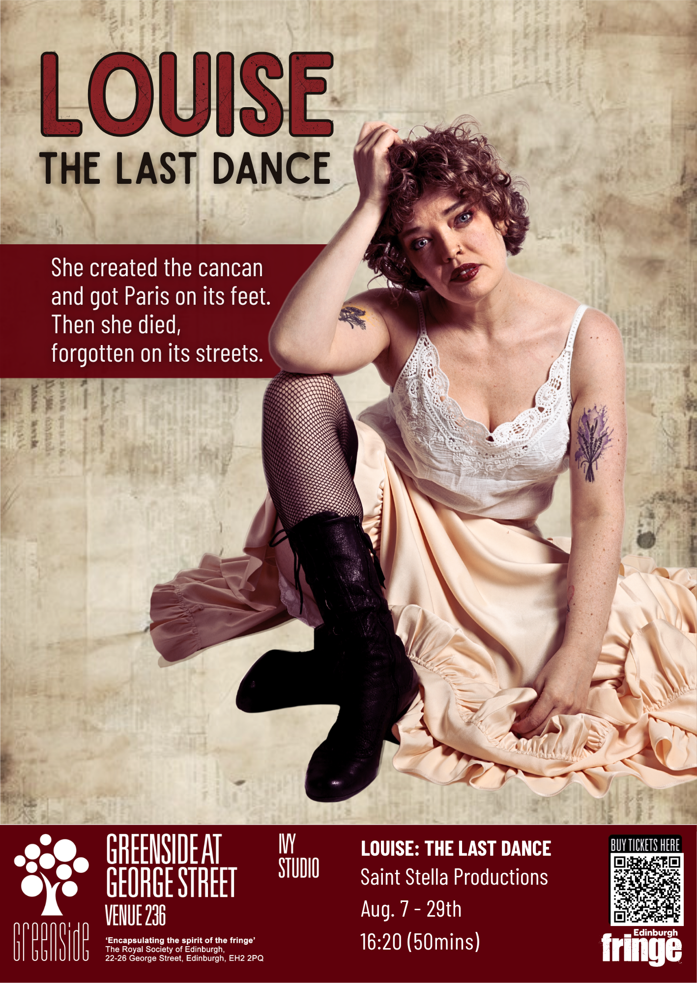 Louise: The Last Dance — solo theatre poster for a cancan show about La Goulue, showing at Edinburgh Fringe 2026